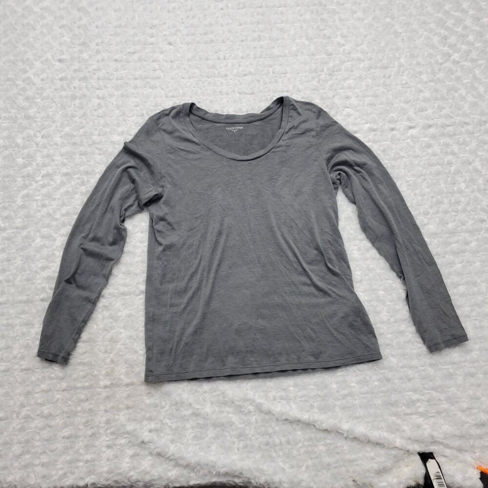 Eileen Fisher Long Sleeve Scoop Neck Top Womens M Gray Silk Heathered Finish